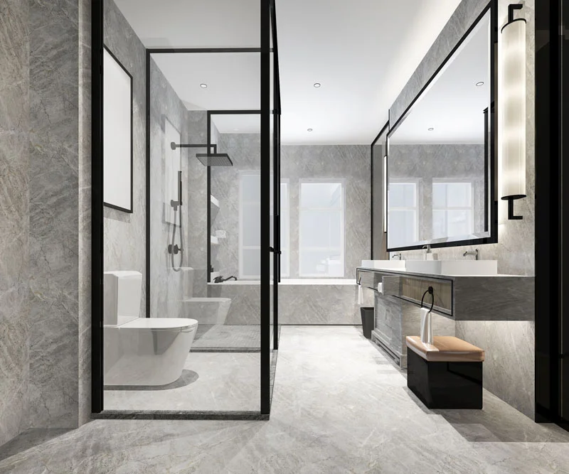 About Us 1 Luxury grey marble bathroom vanity and wall cladding installation in Vernon.